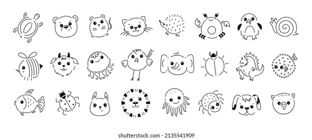 Cute Animals Line Art Icons Vector Set for Kids design. Black and White illustration
