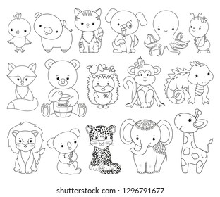 Cute animals line art set. Cartoon kawaii style. Coloring book pages, children's textile embroidery, kids game. Funny doodles. Contour jungle, woodland, domestic animals. Baby childish print images.