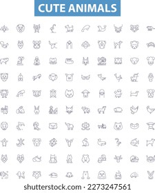 Cute animals line icons, signs set. Furry, Kittens, Pups, Fluffy, Puppy, Cuddly, Bear, Bunny, Adorable outline vector illustrations.