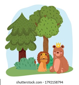cute animals lion and bear with crown on grass trees nature wild cartoon vector illustration