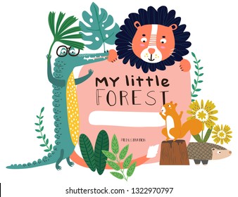 Cute Animals Lion, Crocodile, Squirrel and Pangolin happy in my little forest pattern. Vector illustration