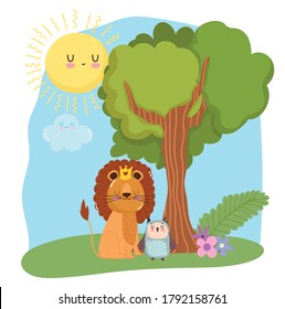 cute animals lion with crown and owl grass forest nature wild cartoon vector illustration