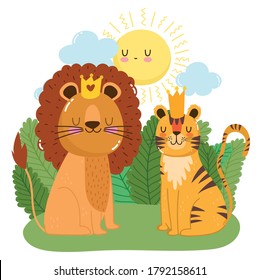 león de animales bonitos con corona y césped tigre naturaleza vegetación caricatura salvaje ilustración vectorial