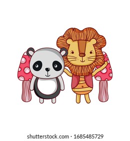 cute animals, cute lion and panda mushroom nature cartoon vector illustration
