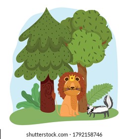 cute animals lion and skunk grass forest trees nature wild cartoon vector illustration