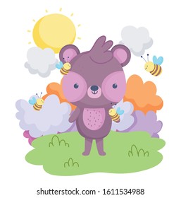 cute animals, little bear flying bee clouds grass card vector illustration