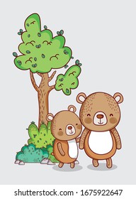cute animals, little bears tree bush nature cartoon vector illustration