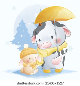 Cute animals, little bunny and cow playing in snow