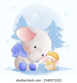 Cute animals, little bunny and elephant playing in snow