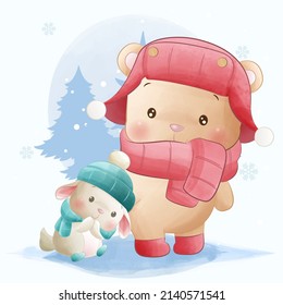 Cute animals, little bunny and teady bear playing in snow