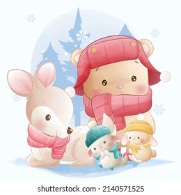 Cute animals, little bunnys, bear and deer playing together in snow