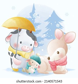 Cute animals, little bunnys, cow and deer playing together in snow