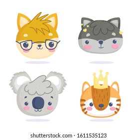 cute animals, little cartoon characters faces cat raccoon koala tiger vector illustration