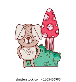cute animals, little dog mushroom foliage bush cartoon vector illustration