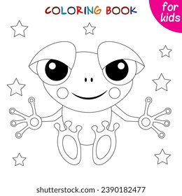 Cute animals. Little frog and stars. Coloring book template for children. Editable vector