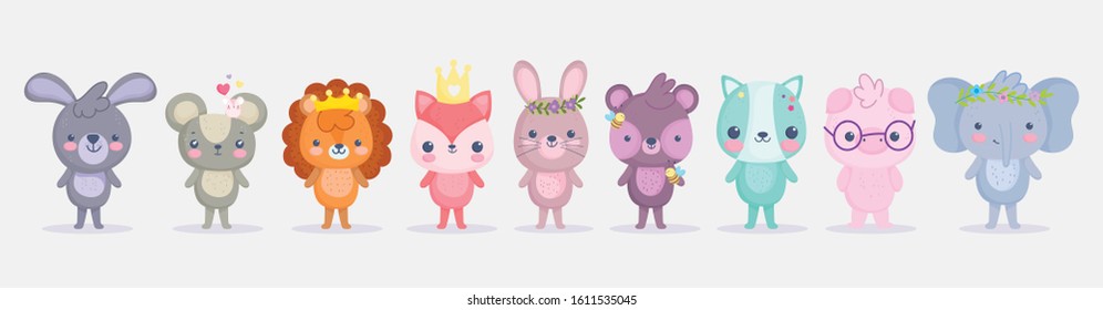 cute animals, little group rabbit lion pig elephant cat fox bear and mouse cartoon vector illustration