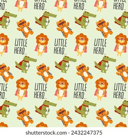 Cute Animals little hero Seamless pattern. for fabric, print, textile and wallpaper