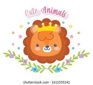 cute animals, little lion with crown foliage leaves vector illustration