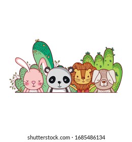 cute animals, little lion rabbit panda dog bushes foliage cartoon vector illustration