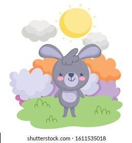 cute animals, little rabbit standing in the meadow sky vector illustration