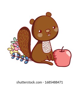 cute animals, little squirrel with apple flower cartoon vector illustration