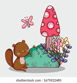 cute animals, little squirrel mushroom flowers butterfly foliage cartoon vector illustration