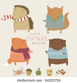 Cute animals living in the forest. Cute vector set.