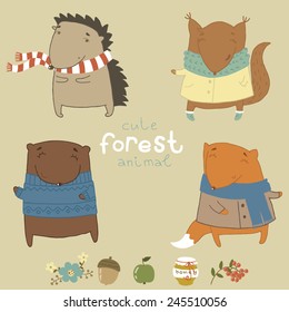 Cute animals living in the forest. Cute vector set.
