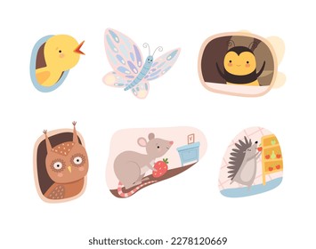 Cute animals living in their cozy burrows and tree hollows set. Mouse, owl, hedgehog, bird, bee doing casual things at home cartoon vector illustration