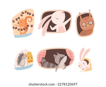 Cute animals living in their cozy burrows set. Squirrel, rabbit, owl, raccoon, hedgehog doing casual things underground cartoon vector illustration