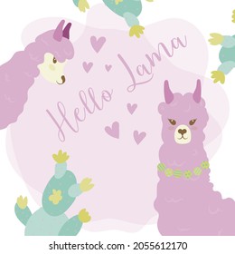 Cute animals llama. Banner in gentle pink colors. Llama with beads on different sides and with cacti. Vector in flat style.
