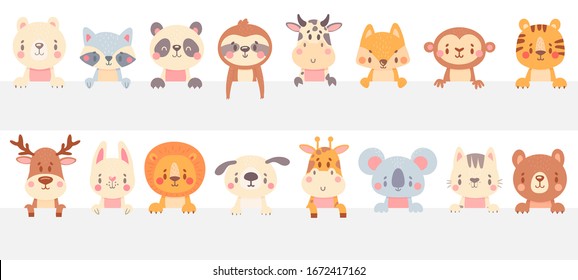 Cute animals look out. Funny animal peeps out, hand drawn pet, adorable cat and dog. Smiling bear, raccoon and fox vector illustration set. Muzzle lion and cat look out, pets adorable smiling