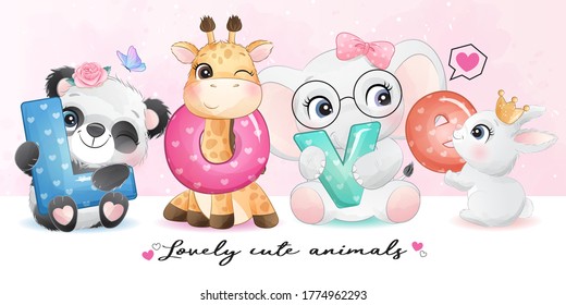 Cute animals and love alphabet illustration