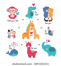 Cute Animals in Love Celebrating Valentine Day Vector Set