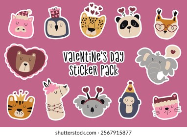 Cute animals in love with different accessories sticker pack. Illustrations with animals for valentine's day. Festive set for valentine's day cards, posters and stickers.