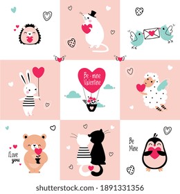 Cute Animals in Love Holding Hearts Celebrating Valentine Day Vector Set