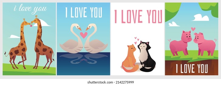 Cute animals in love, kissing giraffes, swans, cats and pigs - poster templates set, cartoon flat vector illustration. Collection of banners or greeting cards with Valentines day concept.