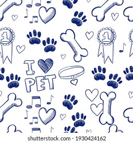 Cute Animals I Love Pet Dog Hand Drawing Doodle Colored Pastel Abstraction Seamless Pattern. Suitable For Textiles, Packaging, Wallpaper, Etc. Objects Isolated On Background. Vector Illustration.