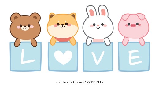 Cute animals with love text on blue box  banner.Cartoon character design.Graphic.Image for card,poster,kid wear,background,sticker,banner.Bear,shiba inu dog,rabbit,pig.Isolated.Zoo.Vector.Illustration