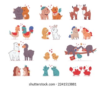 Cute animals in love Valentine's day vector cartoon characters set isolated on a white background.