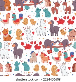 Cute animals in love vector cartoon seamless pattern for wallpaper, wrapping, packing, and backdrop. Valentine's day background.