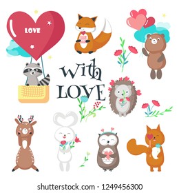 Cute animals in love vector illustration isolated on white background. Happy fox, bear, owl, raccoon, squirrel, deer, hedgehog and hare holding hearts, cake, balloons and flowers.