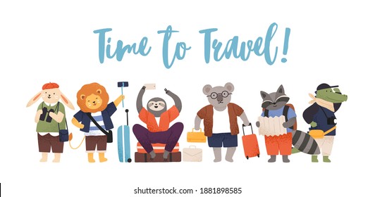 Cute animals with luggage or baggage traveling at holiday time. Amusing and funny mammal tourists or travelers wearing clothes. Flat textured vector illustration isolated on white background