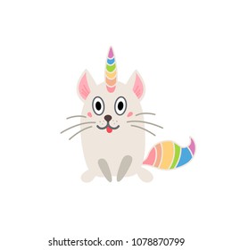 Cute animals - magic unicorn cat. Cartoon trendy character isolated on white background. It can be used for sticker, patch, poster, t-shirt, mug and other design. Domestic animal wildlife