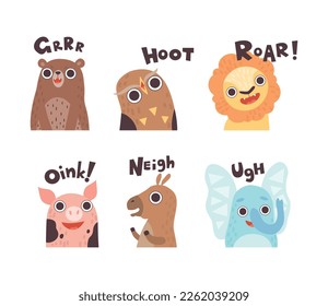 Cute Animals Making Noisy Sounds and Uttering Vector Set