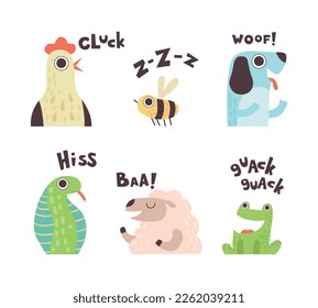 Cute Animals Making Noisy Sounds and Uttering Vector Set