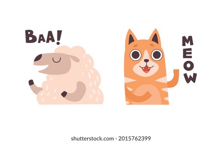 Cute Animals Making Sounds Set, Adorable Sheep, Cat Saying Baa, Meow Cartoon Vector Illustration