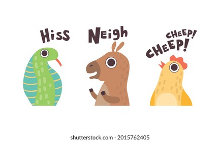 Cute Animals Making Sounds Set, Adorable Snake, Kangaroo, Chicken Saying Hiss, Neigh, Cheep Cartoon Vector Illustration