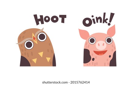 Animales Cuidados Haciendo Juego de Sonidos, Lechuza Adorable, Cerdo Diciendo Hoot y Oink Cartoon Vector Ilustración