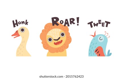 Cute Animals made Sounds, Adorable Gans, Löwe, Vogel Swing Honk Roar, Tweet Cartoon Vektorgrafik